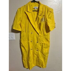 Ultra Dress New York Yellow Linen Blend Blazer Dress Sun Brooch Double Breasted